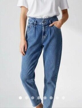 Hollister Womens Mom Jeans Ultra High Rise Blue Acid‎ Washed Denim 7S Raw Hem